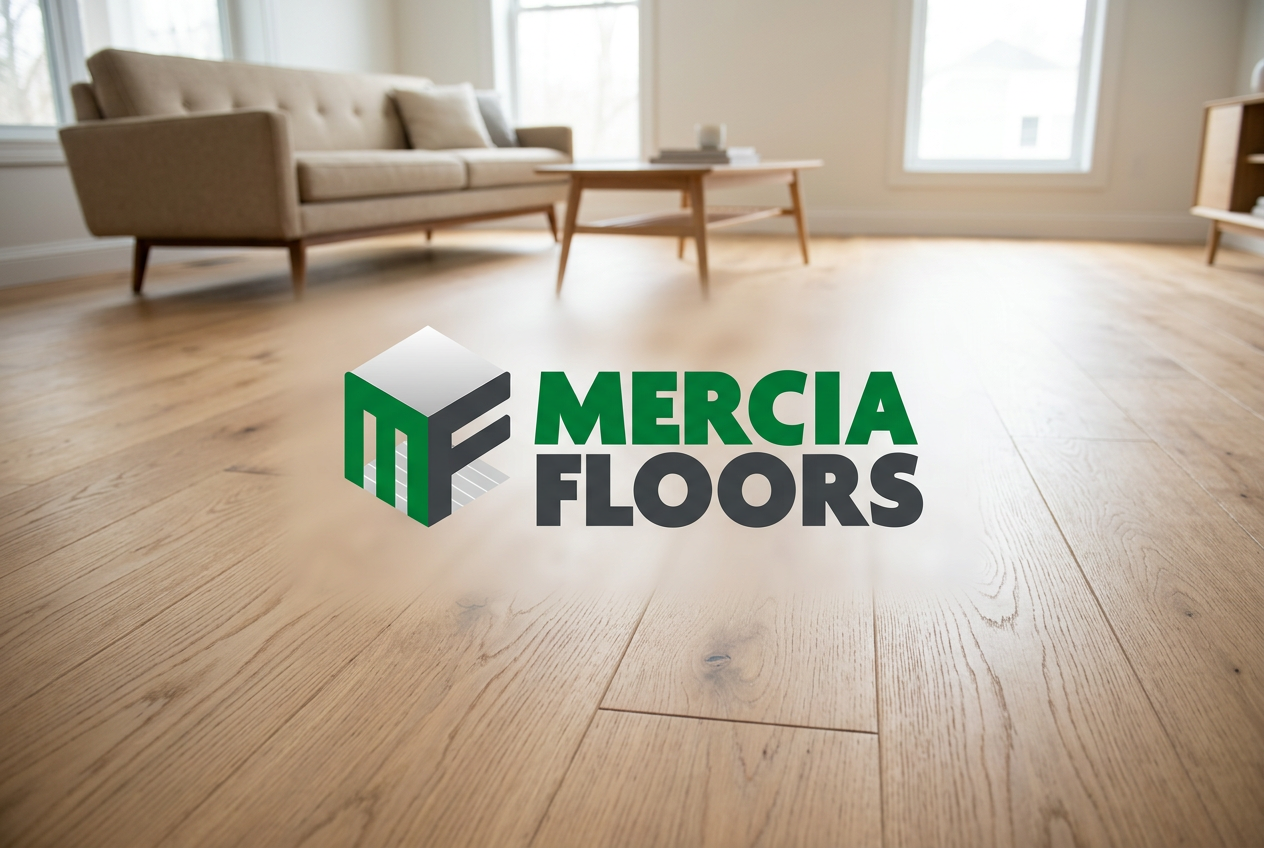 Mercia Floors logo over illustrative oak wooden flooring